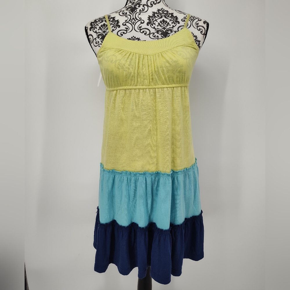 Energie Yellow and Blue Tiered Spaghetti Strap Mini Dress Size Women's Medium